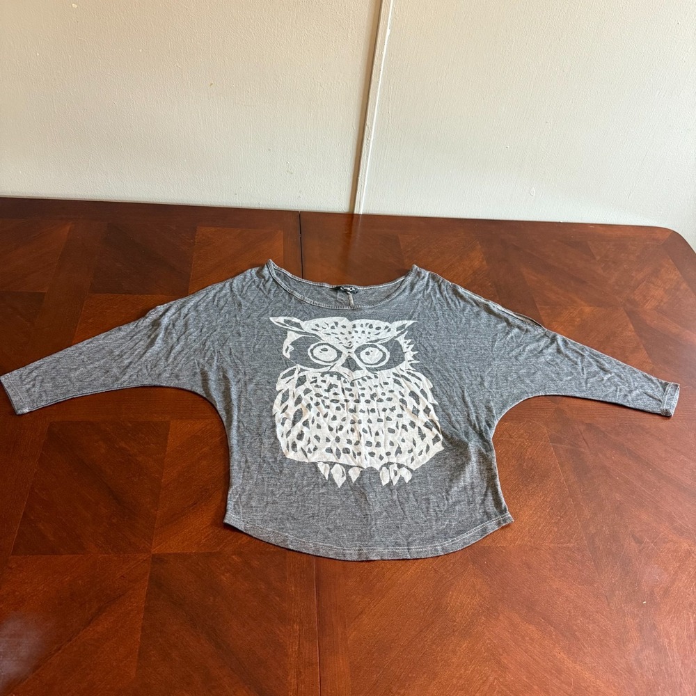 womens Gray Batwing Top Owl Graphic Loose Fit Boho Casual Slouchy Tee Cotty On S